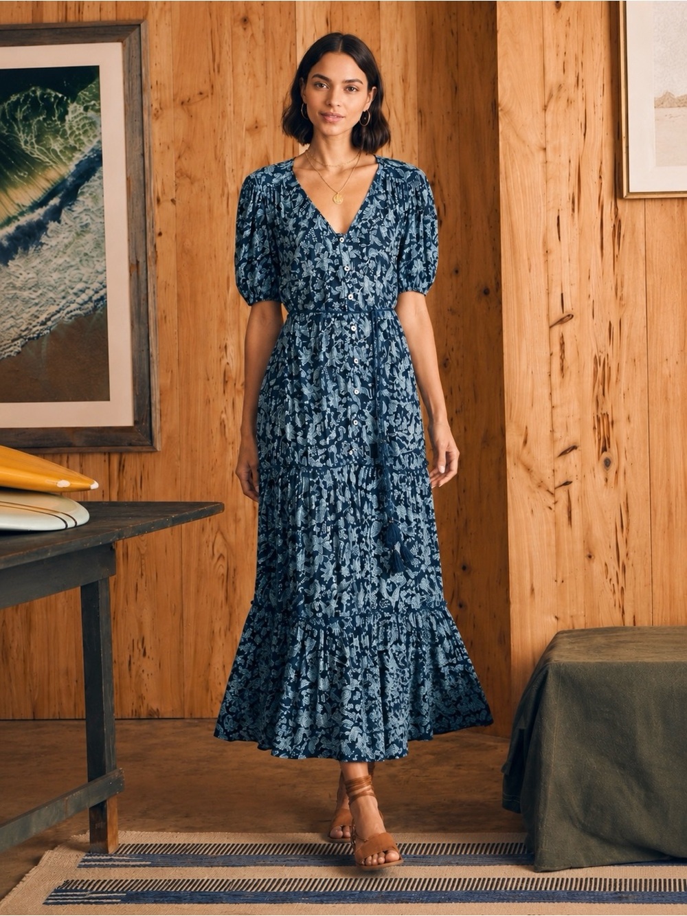 FAHERTY Orinda Blue Floral Tiered Boho Maxi Dress Belted XS